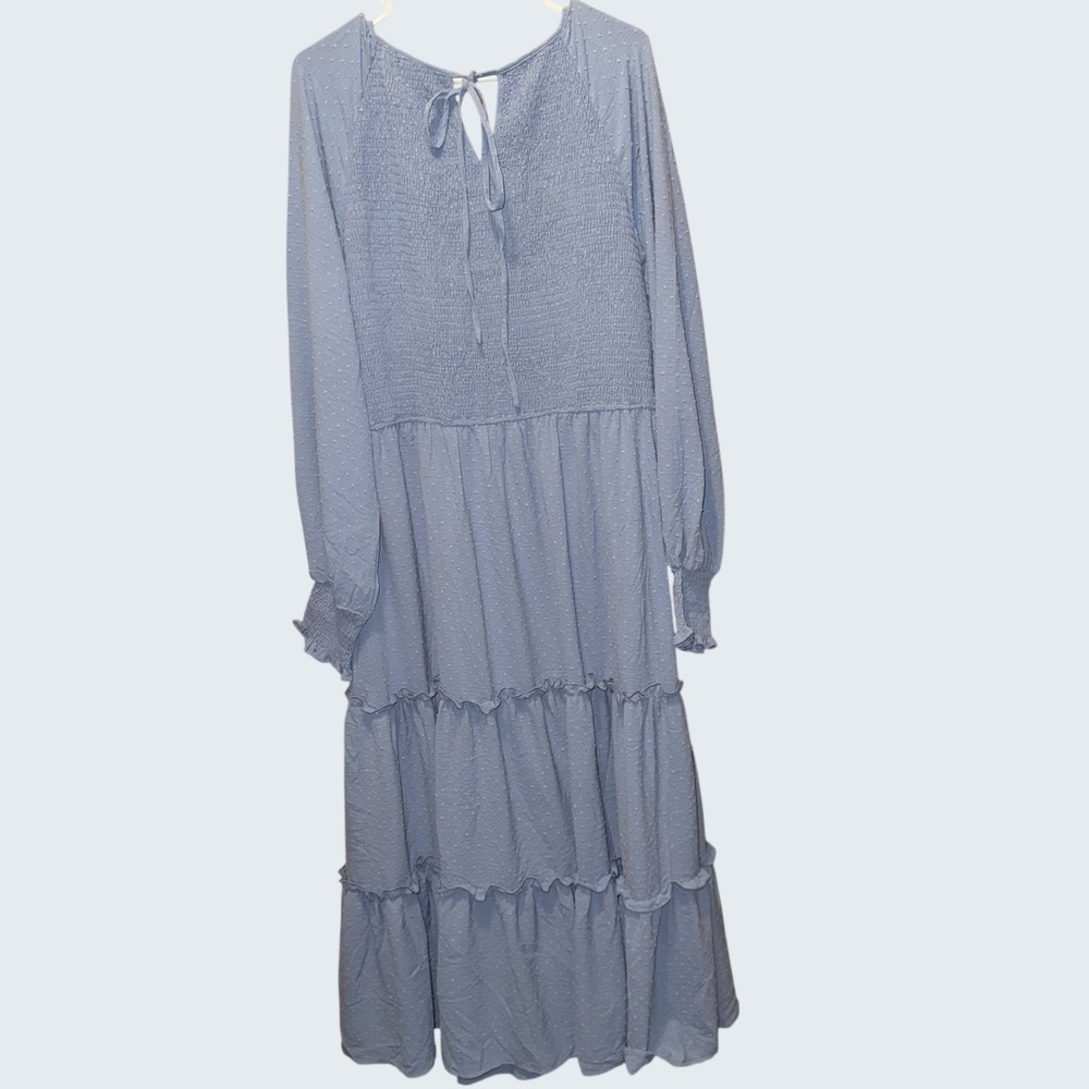 PrettyGarden Blue Swiss Dot Smocked Maxi Dress Long Sleeve Tiered XXL NWT Fairy - Picture 2 of 8